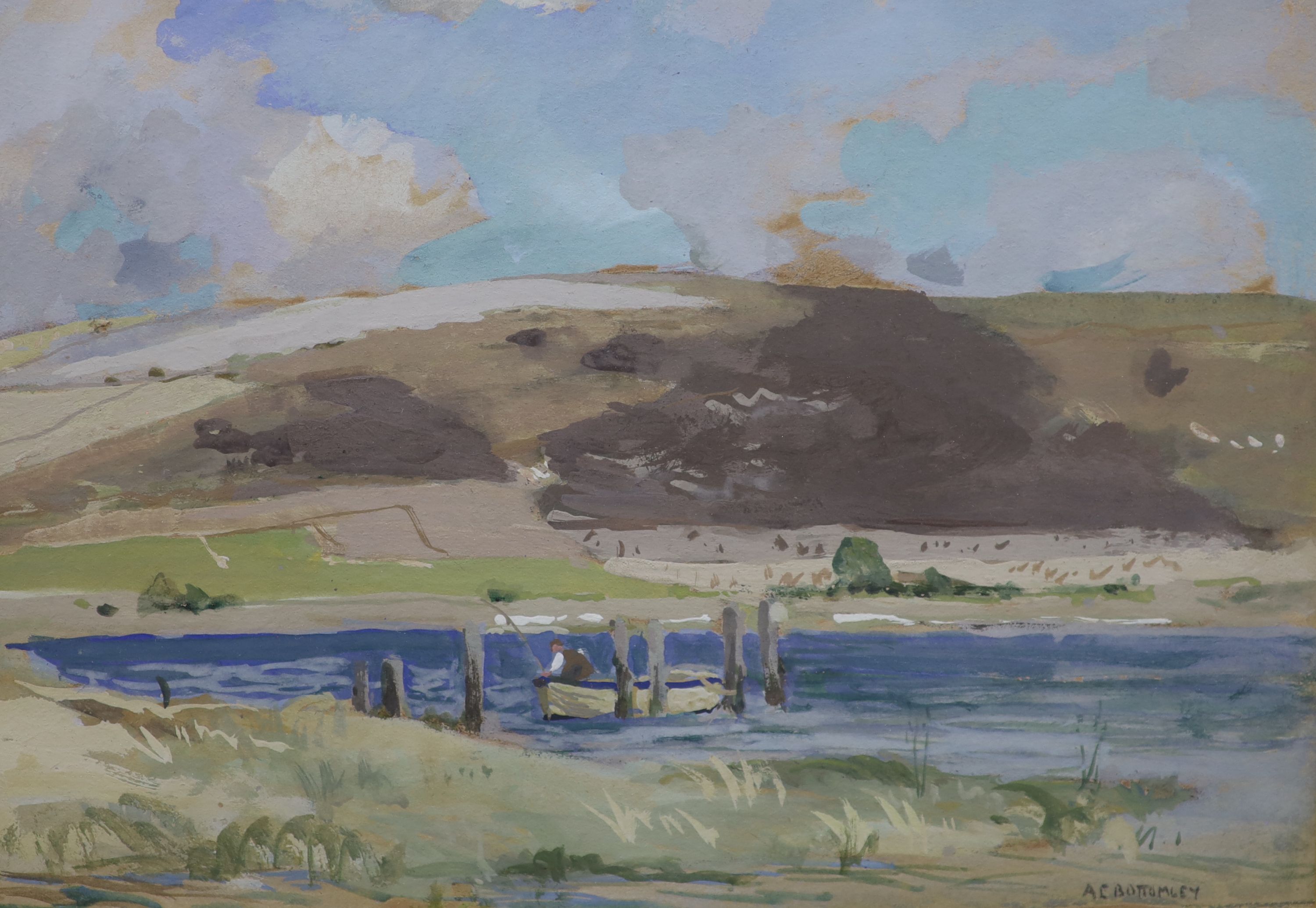 Albert Ernest Bottomley (1873-1950), gouache, Anglers on a loch in a landscape, signed, 24 x 34cm